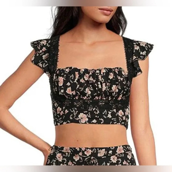 NWT Free People Bijou Square Neck Cap Ruffle Shoulder Tie Back Detail Floral 6 - Picture 1 of 13